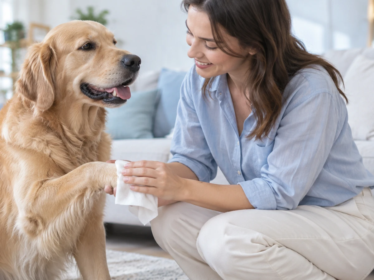AI-created product application scene showing a woman cleaning a dog's paw